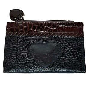 Brighton Black Pebbled & Brown Croc Leather Mini Wallet Coin Purse Heart Detail